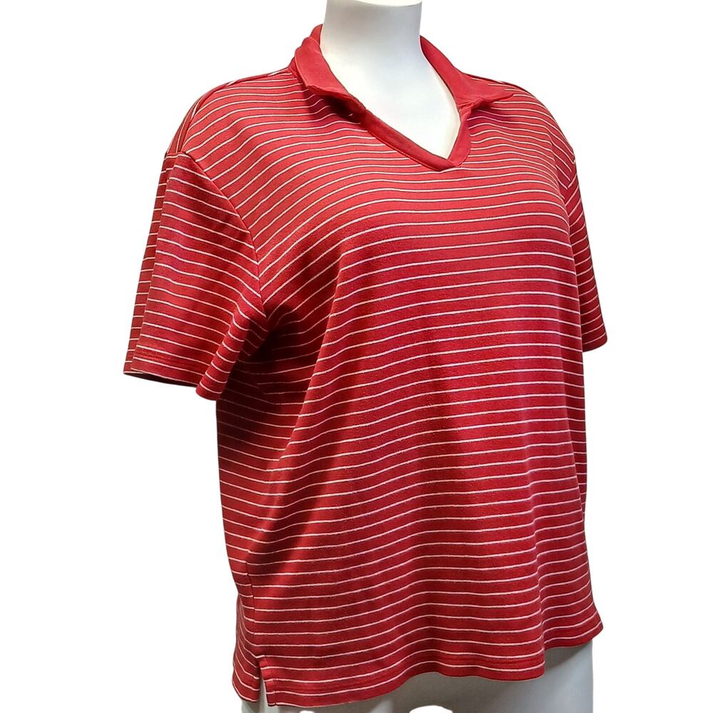 Bobbie Brooks Vintage XL Red White Striped Short Sleeve V-Neck Polo Shirt